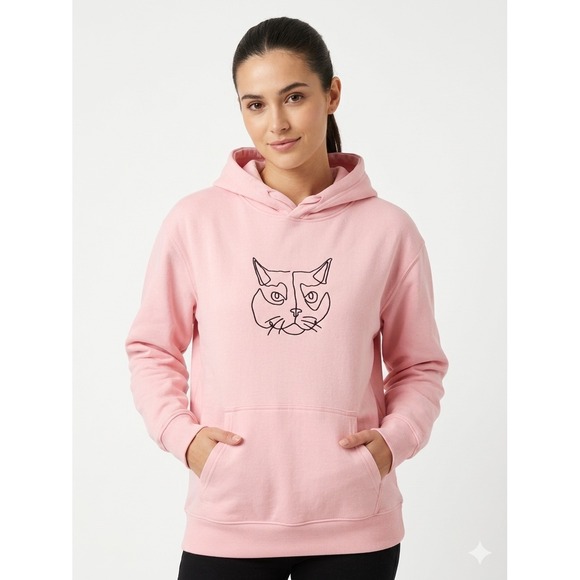 Unbranded Tops - Pink Cat Line Art Embroidered Pullover Hoodie Sweatshirt Womens Casual Pink